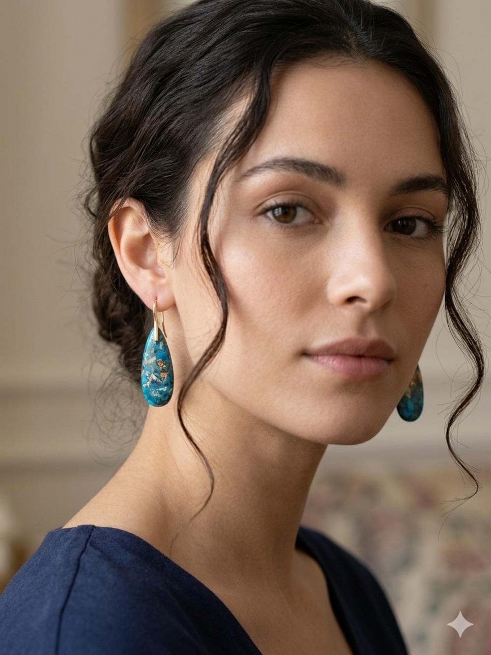 Turquoise Teardrop Earrings with Gold Accents - Women Jewelry